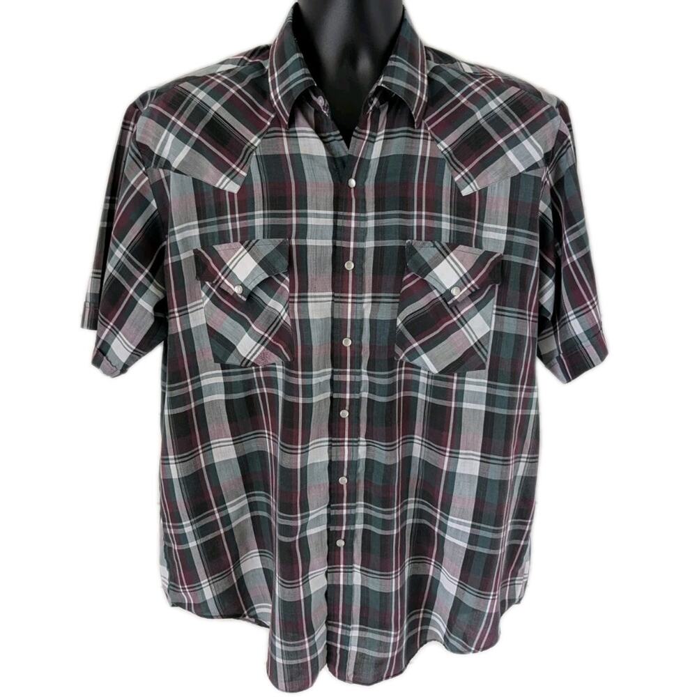 Ely Plains Western Shirt Mens L Pearl Snap Plaid Short Sleeve Cowboy Rodeo